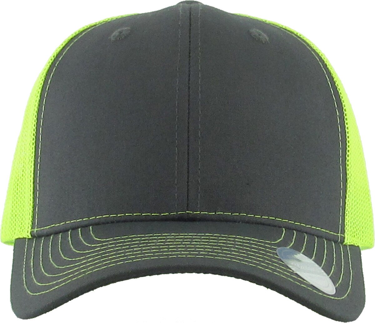 Dark Gray Neon Lime Two Tone Classic 6 Panel Trucker Mesh Snapback Front View